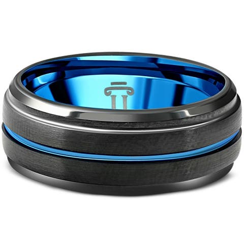 Men
s Black 
Blue Tungsten Ring Brushed Beveled Step Cut Wedding Band