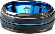 Bliss Diamond Men's Black & Blue Tungsten Ring Brushed Beveled Step Cut Wedding Band