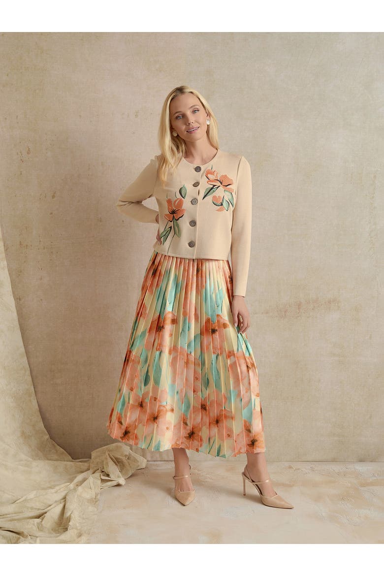Floral Pleated Crepe de Chine Maxi Skirt, Alternate, color, Sunglow/Mystic Green
