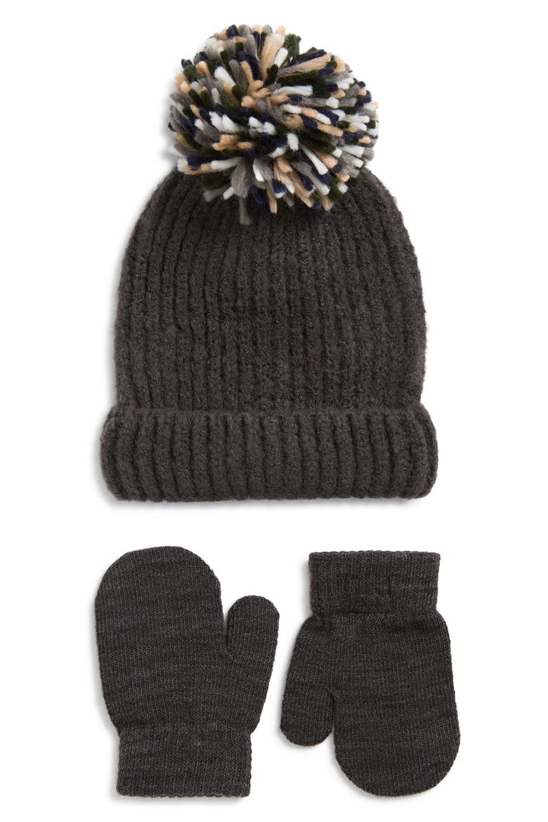 Fuzzy Yarn Beanie & Mittens Set, Main, color, GREY