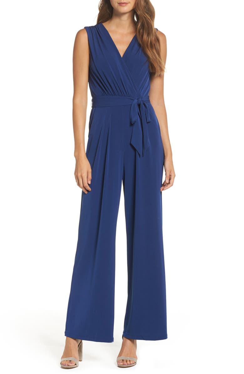 Vince Camuto Faux Wrap Jersey Jumpsuit, Main, color, Blue