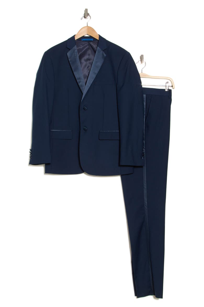 Satin Notch Lapel Stretch Tuxedo Suit, Alternate, color, NAVY