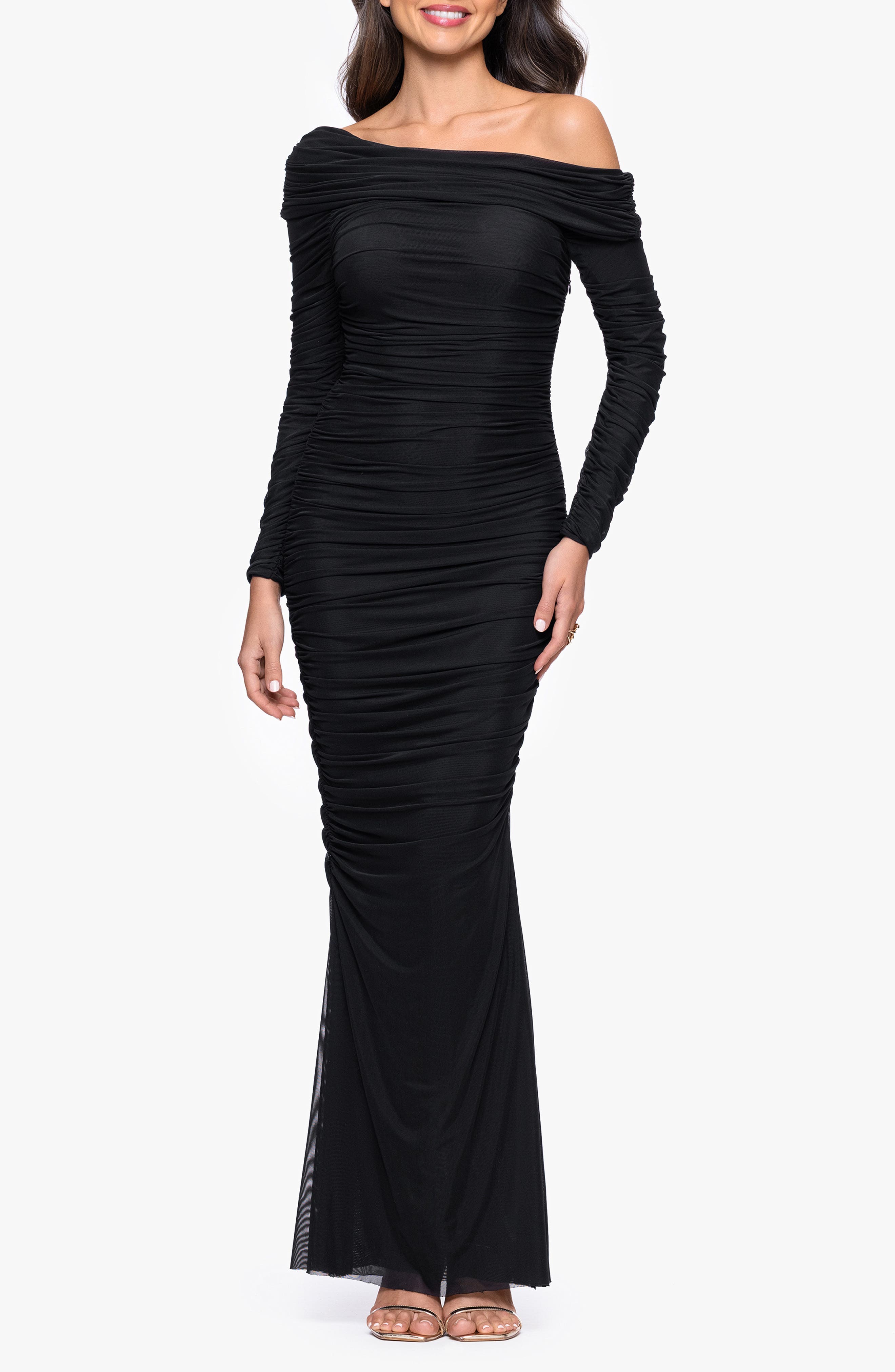 Ruched One-Shoulder Long Sleeve Mesh Gown
