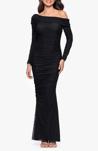 Betsy & Adam Ruched One-Shoulder Long Sleeve Mesh Gown