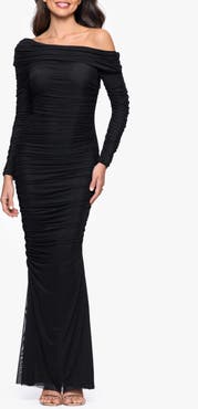 Betsy & Adam Ruched One-Shoulder Long Sleeve Mesh Gown