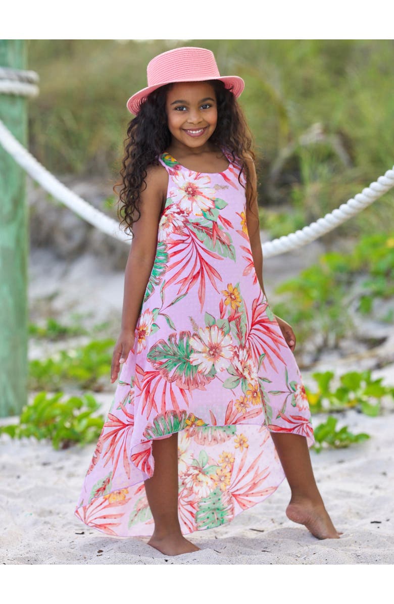 Mia Belle Girls Girls Tropical Botanicals Sleeveless Hi-Lo Dress, Alternate, color, Pink