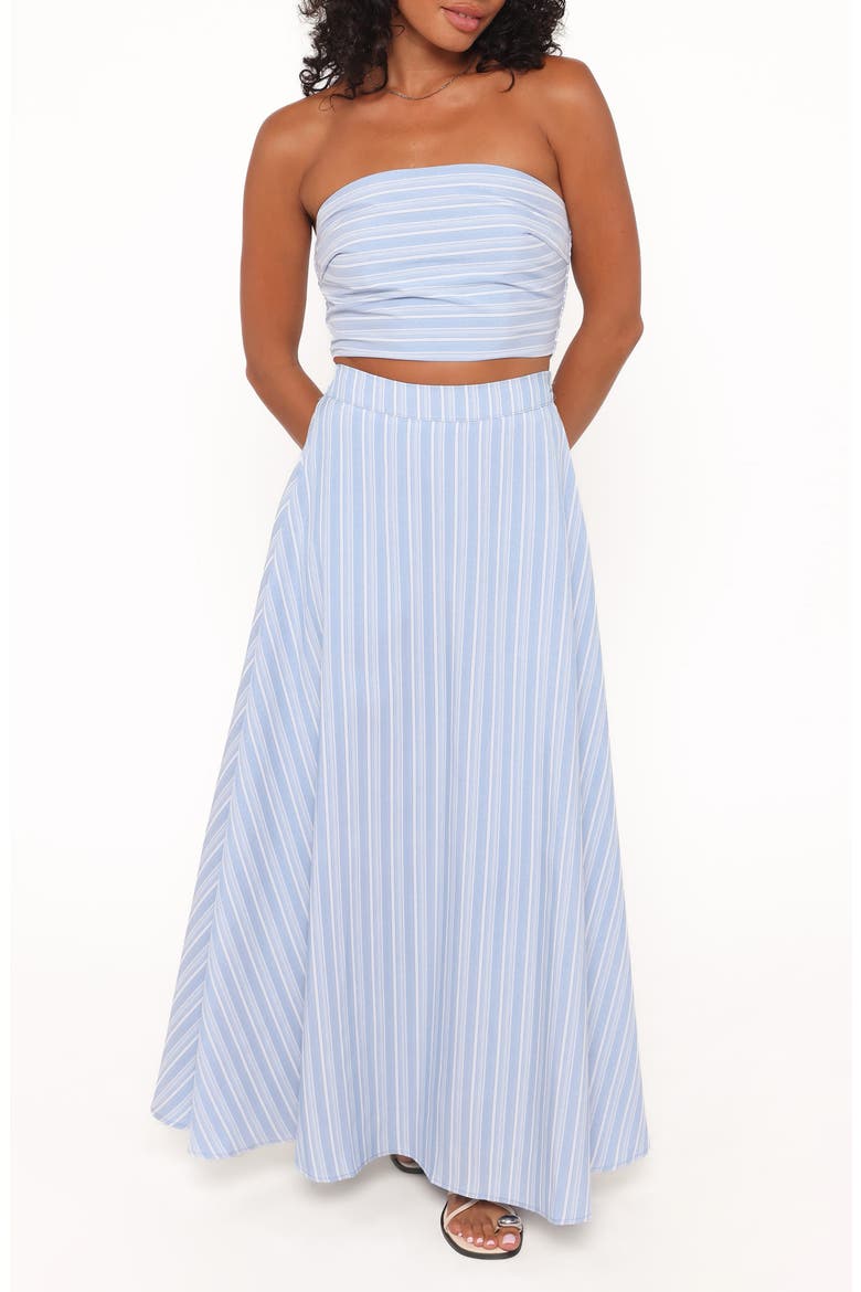 Serafina Stripe Strapless Top & Maxi Skirt Set, Main, color, BLUE STRIPE