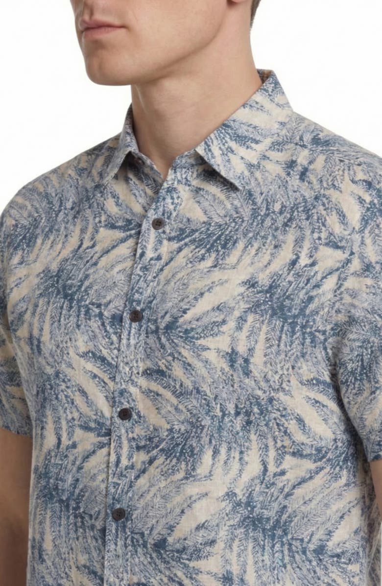 Report Collection Tropical Print Short Sleeve Linen & Cotton Button-Up Shirt, Alternate, color, Blue