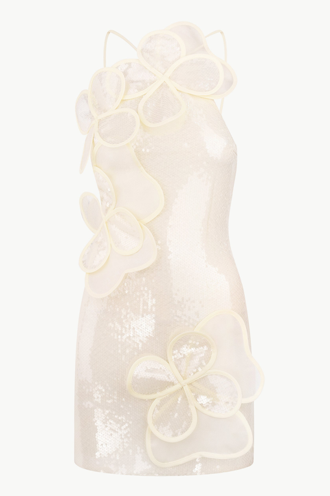 Handcrafted Sequin Mini Dress With Floral Appliques