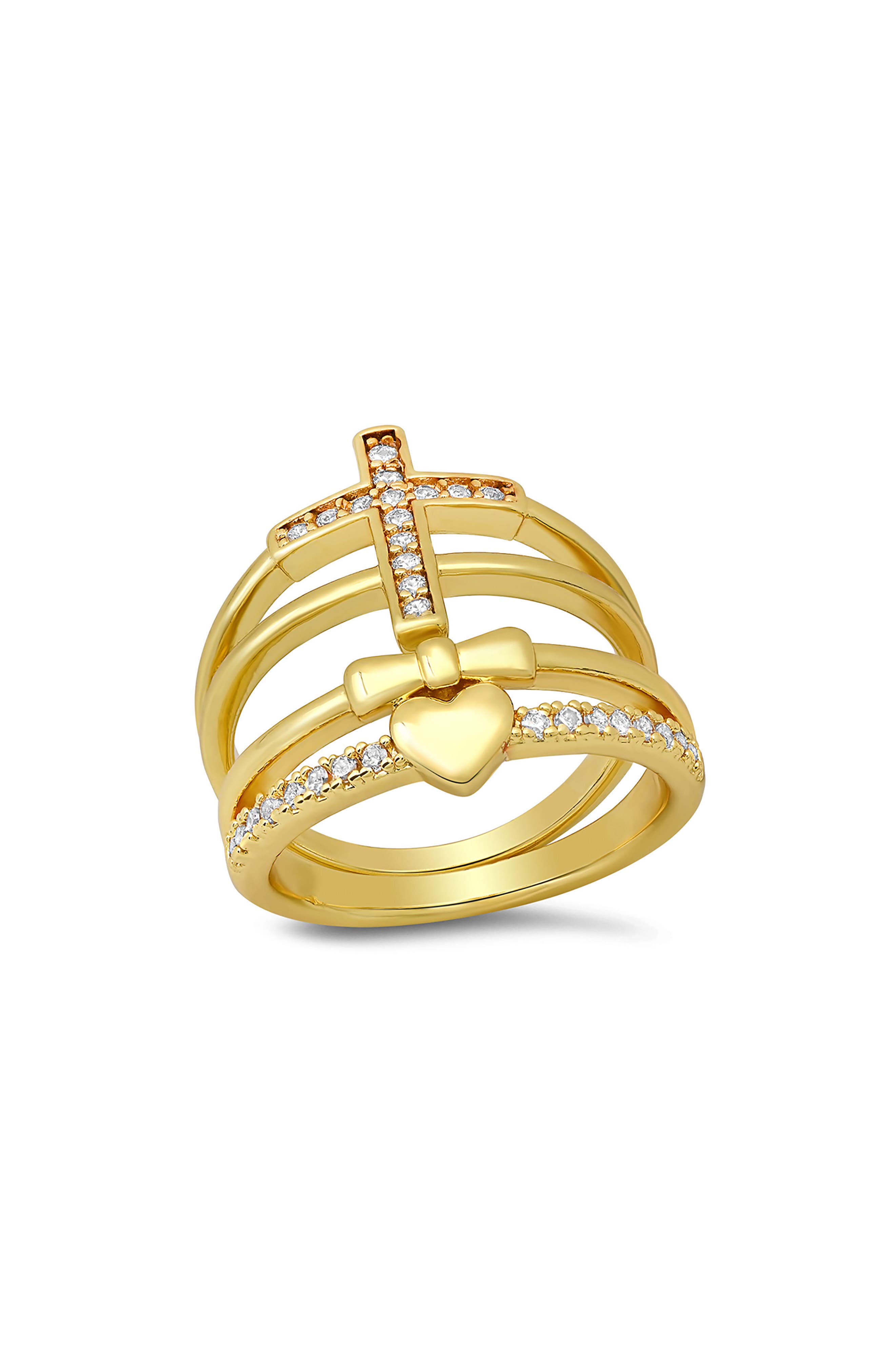 HMY JEWELRY Cross & Heart Simulated Diamond Stacked Pavé Ring