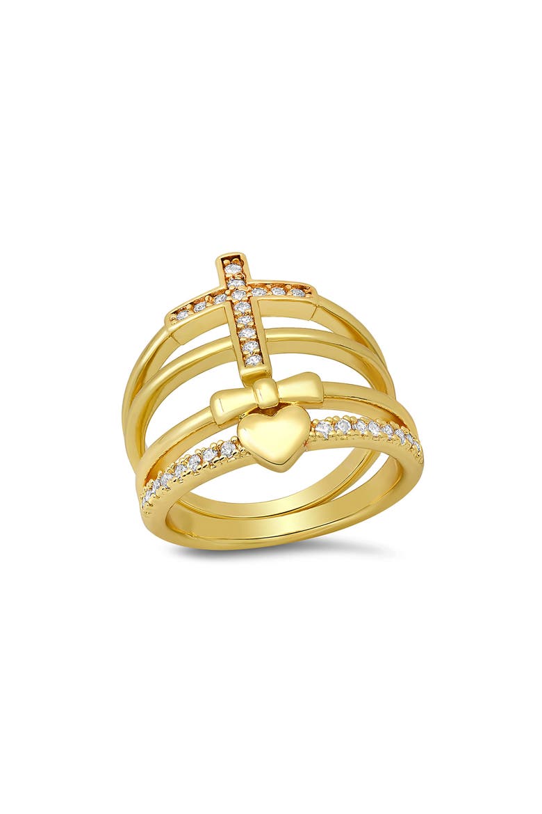Cross & Heart Simulated Diamond Stacked Pavé Ring, Main, color, GOLD
