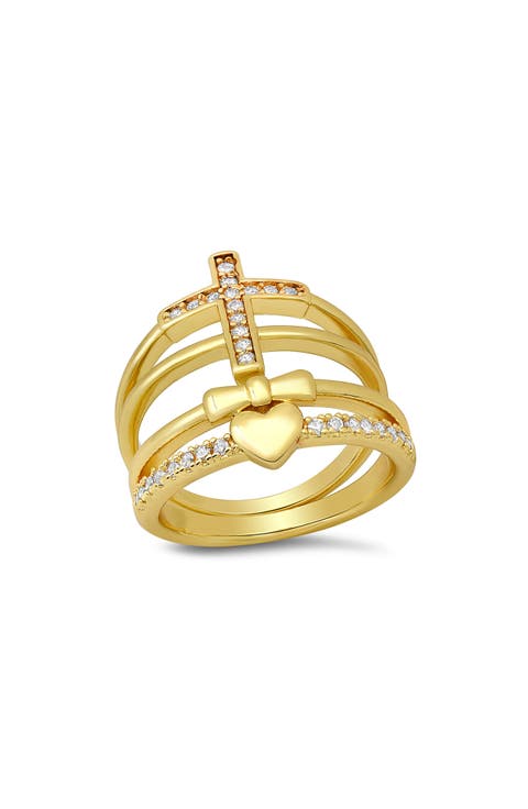 Cross & Heart Simulated Diamond Stacked Pavé Ring