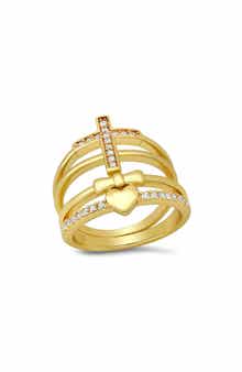 HMY JEWELRY Cross & Heart Simulated Diamond Stacked Pavé Ring