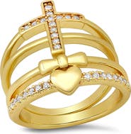 HMY JEWELRY Cross & Heart Simulated Diamond Stacked Pavé Ring