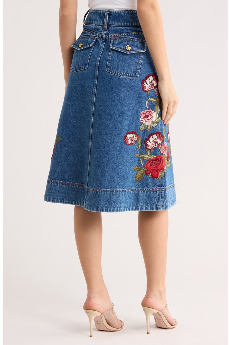 Dahlia Button Front Denim Midi Skirt, Alternate, color, BROOKLYN BLUE/ MULTI