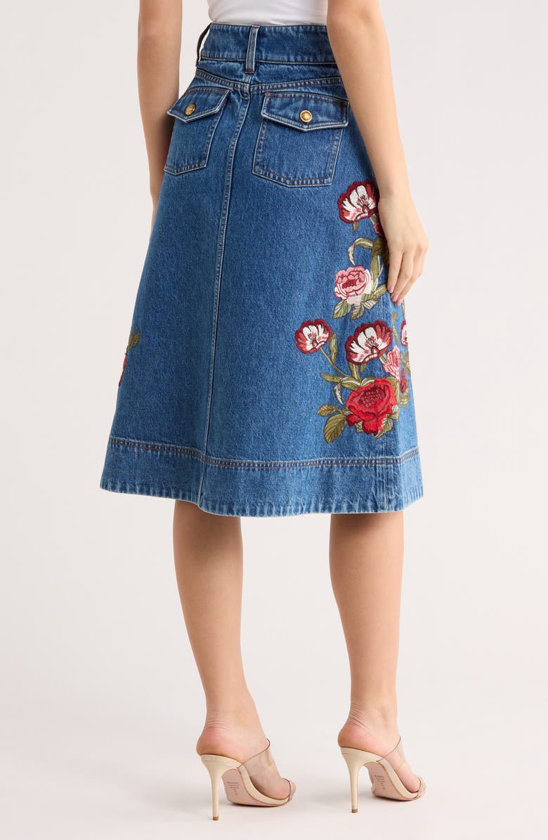 Alice + Olivia Dahlia Button Front Denim Midi Skirt, Alternate, color, Brooklyn Blue/ Multi