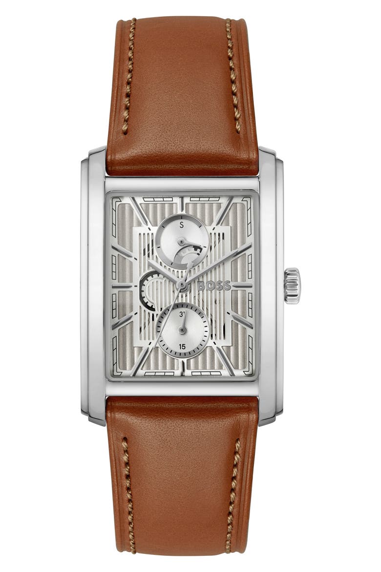 Principle Dress Multifunction Tank Leather Strap Watch, 30.5mm x 42mm, Main, color, SILVER