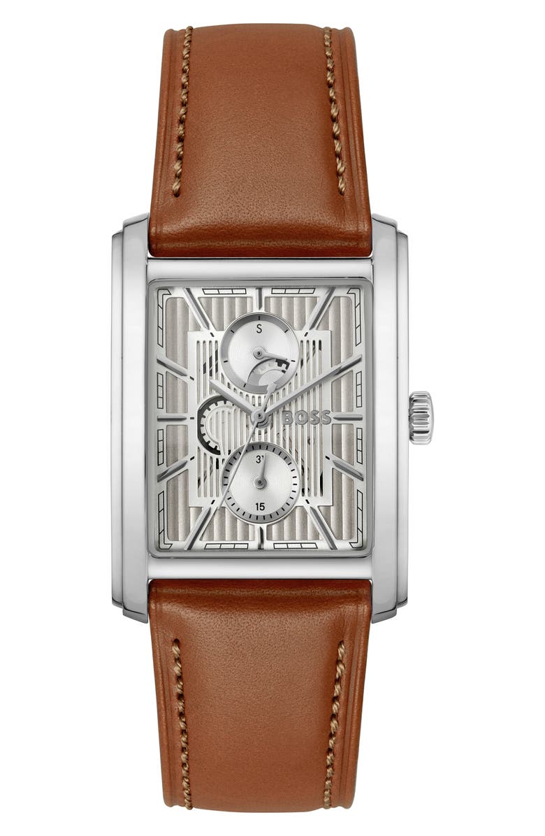 BOSS Principle Dress Multifunction Tank Leather Strap Watch, 30.5mm x 42mm, Main, color, Silver