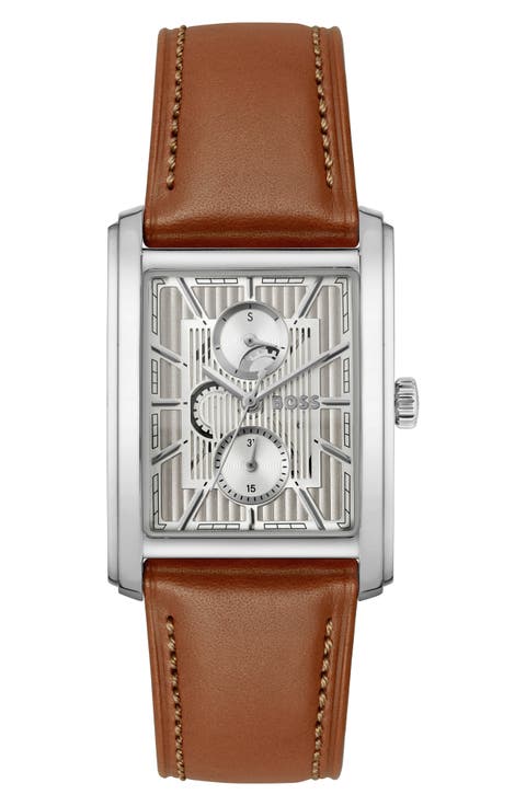Principle Dress Multifunction Tank Leather Strap Watch, 30.5mm x 42mm