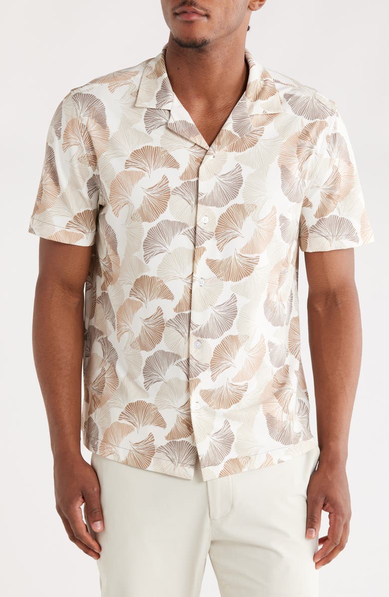 FOR THE REPUBLIC Leaf Print Camp Shirt, Main, color, Print Ivory / Taupe Combo