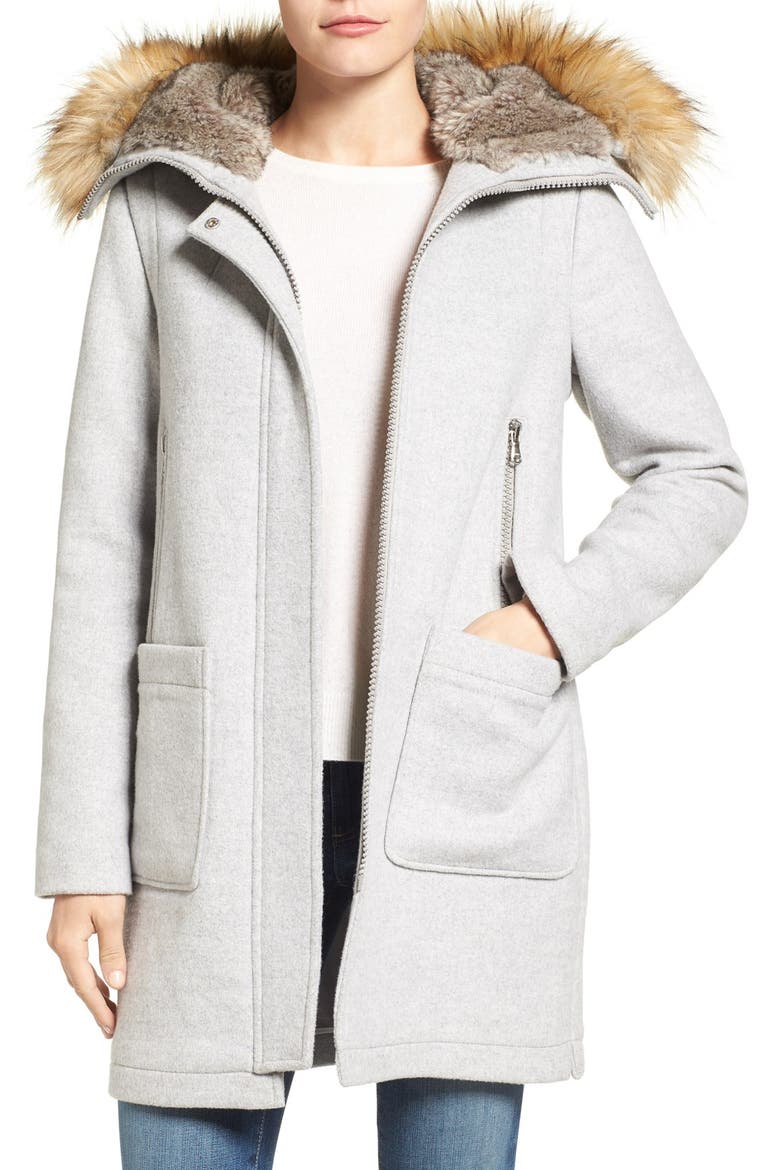 Wool Blend Duffle Coat with Faux Fur Trim Hood, Main, color, LIGHT GREY