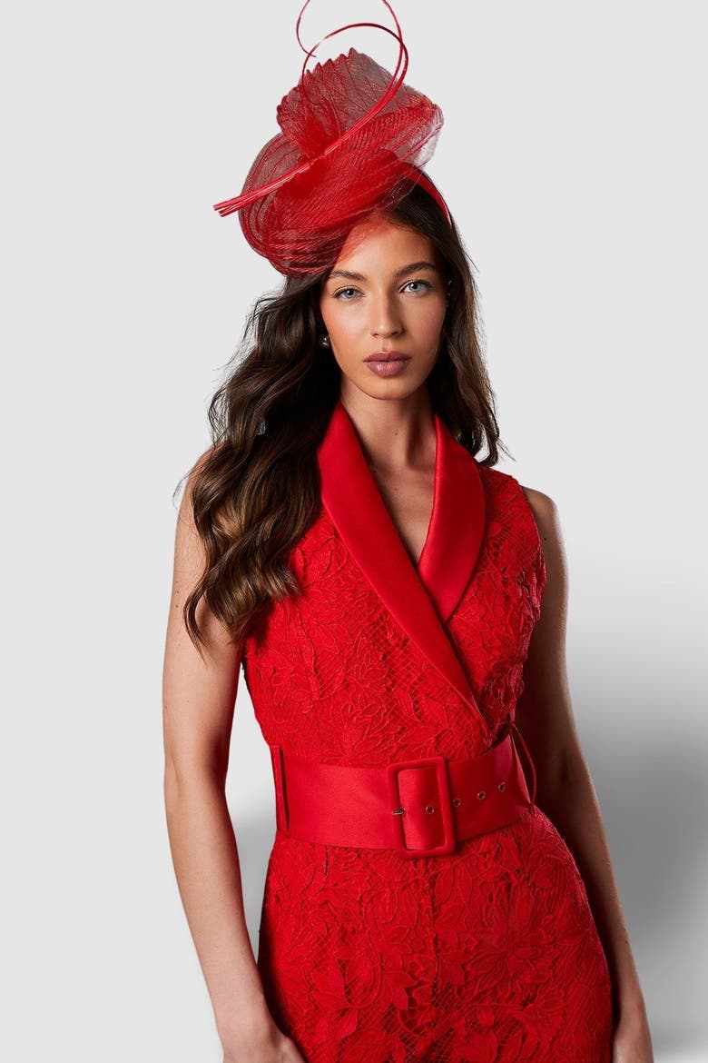 Lisa Lace Belted Jumpsuit, Alternate, color, Red