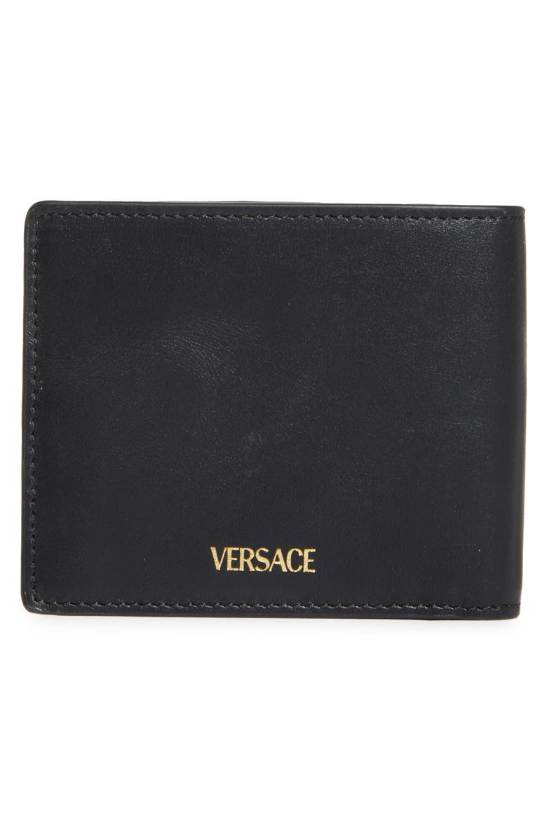 V-Emblem Leather Bifold Wallet, Alternate, color, BLACK-VERSACE GOLD