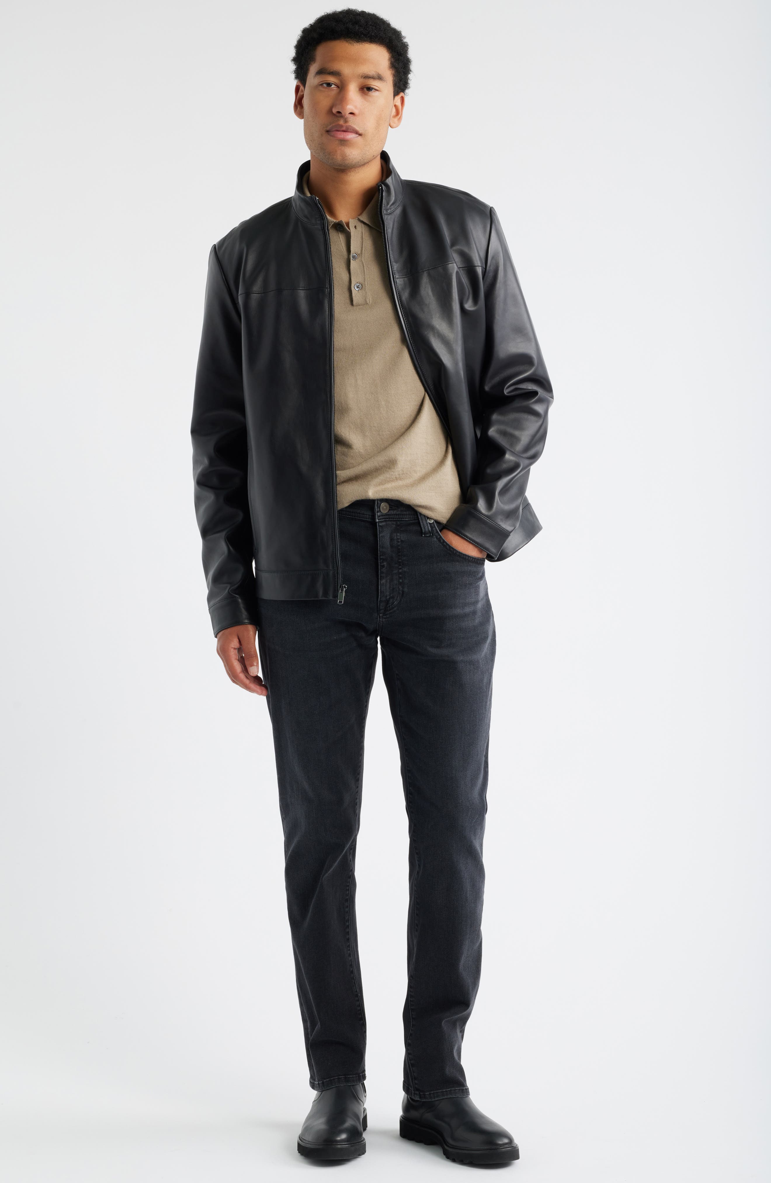 stand collar  leather bomber  jacket X8 Leather jacket with stand-up collar