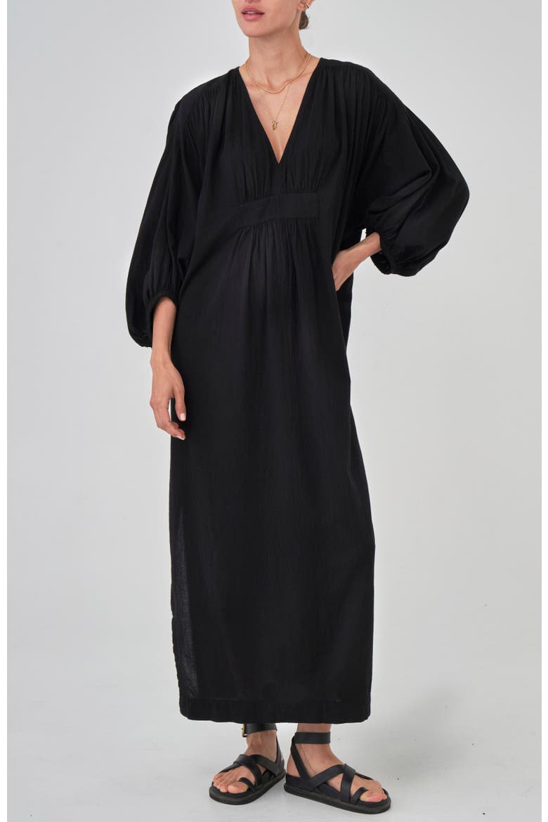 Rouched Shoulder Maxi Cotton Caftan, Main, color, Black
