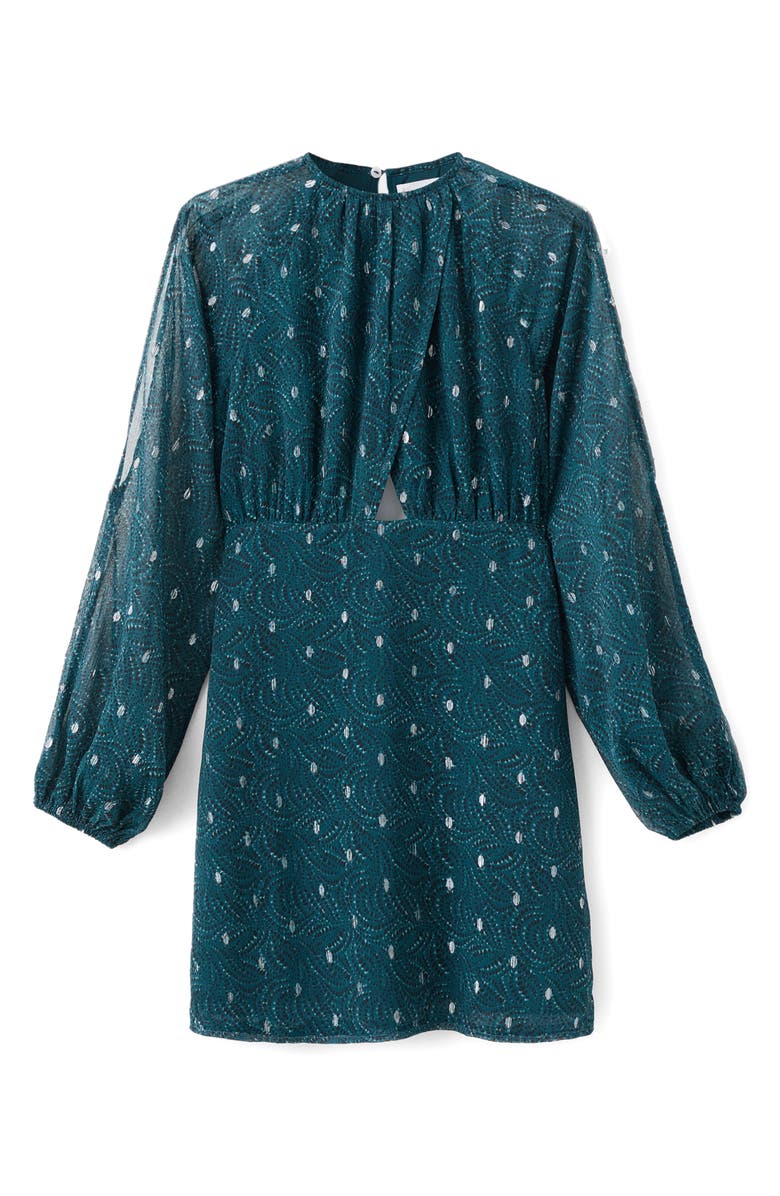 MANGO TEEN Cutout Long Sleeve Clip Dot Chiffon Dress, Main, color, Petrol Blue