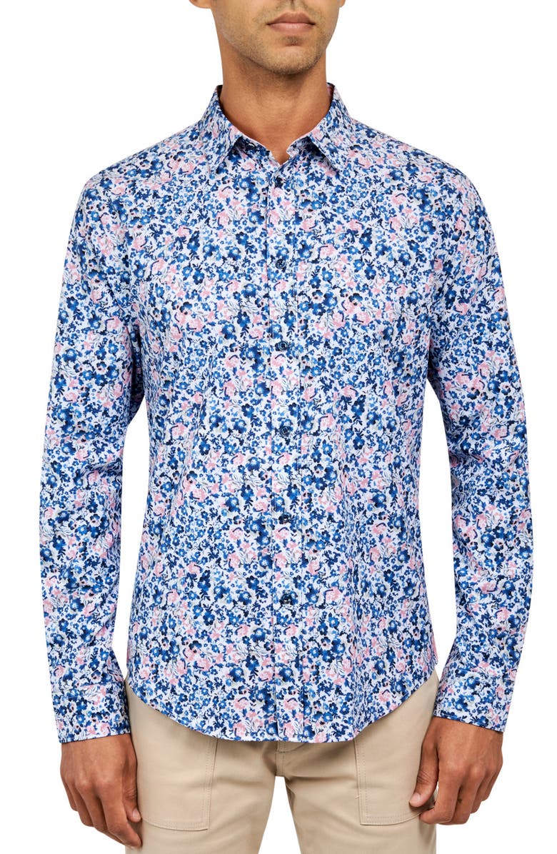 Brooklyn Brigade Slim Fit Floral 4-Way Stretch Performance Long Sleeve Shirt, Main, color, Navy/Pink