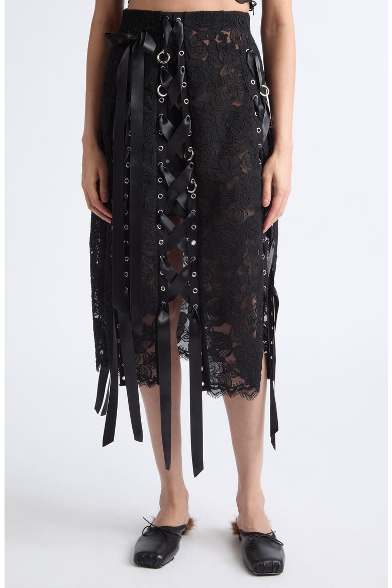 Unraveling Ribbon & Ring Lace Skirt, Main, color, BLACK