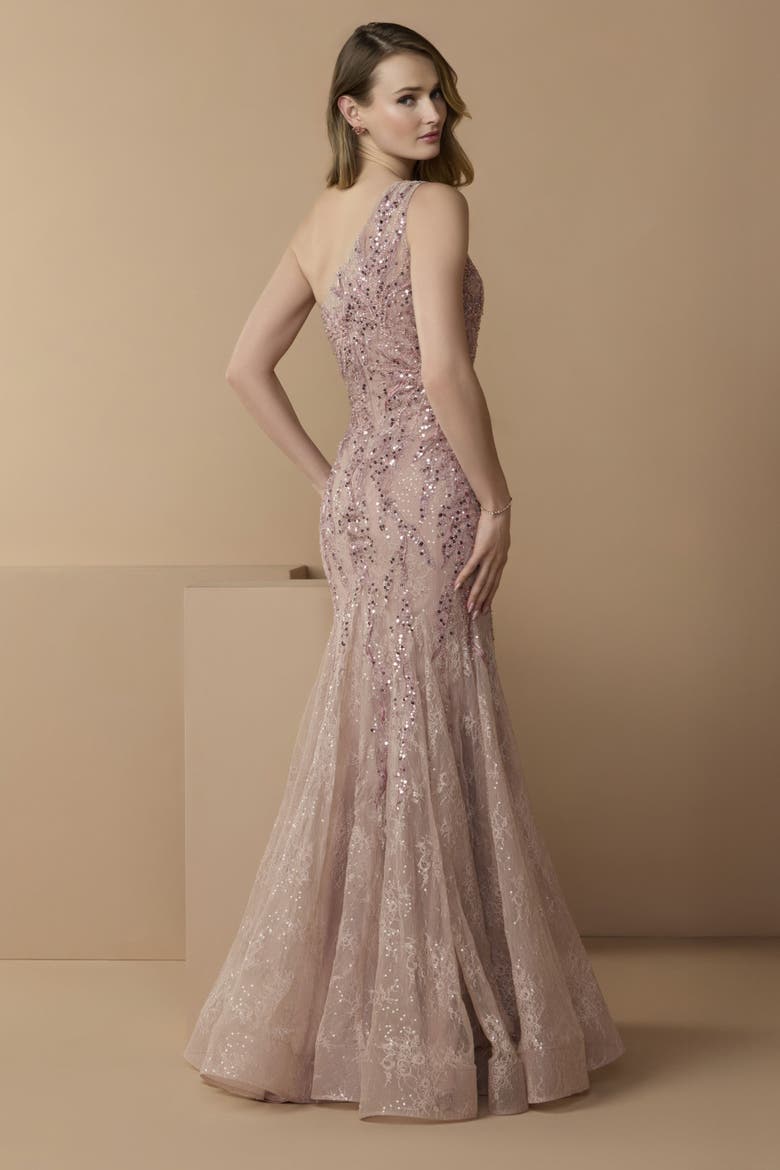 Embellished Lace One Shoulder Mermaid Gown, Alternate, color, Rose