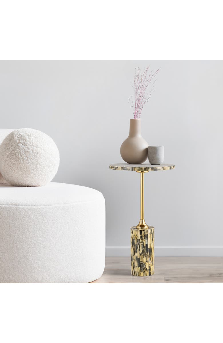 JONATHAN Y Hedda Contemporary Glam Metal/Resin Faux Stone Round End Table, Main, color, Yellow