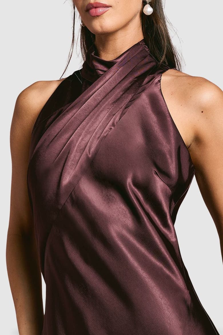Satin High Neck Fishtail Maxi Dress, Alternate, color, Espresso