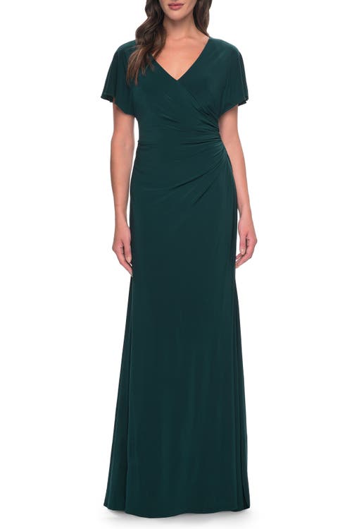 Chic Jersey Dress With V Neck And Loose Sleeves In Hunter Green Chic Jersey Dress With V Neck And Loose Sleeves In Hunter Green