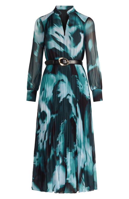 Ever New Skyla Abstract Print Long Sleeve Pleated Midi Dress In Blue