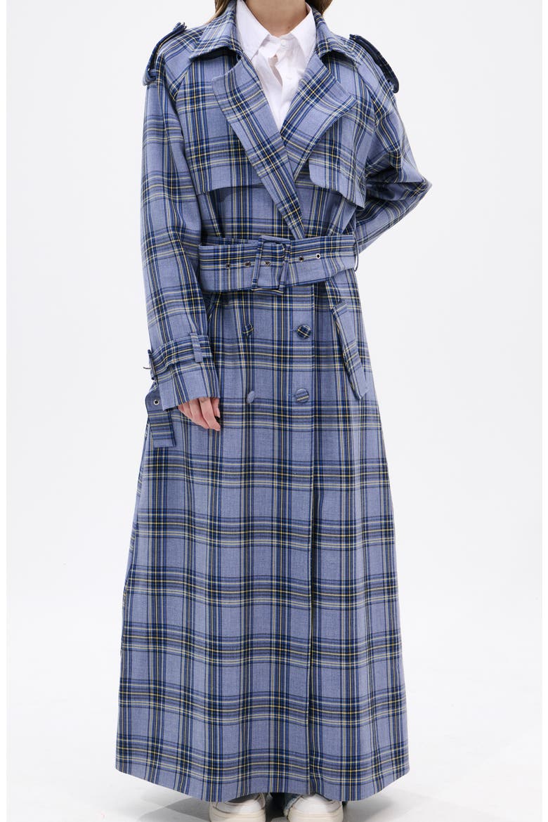 Long Plaid Trench Coat, Main, color, BLUE MULTI