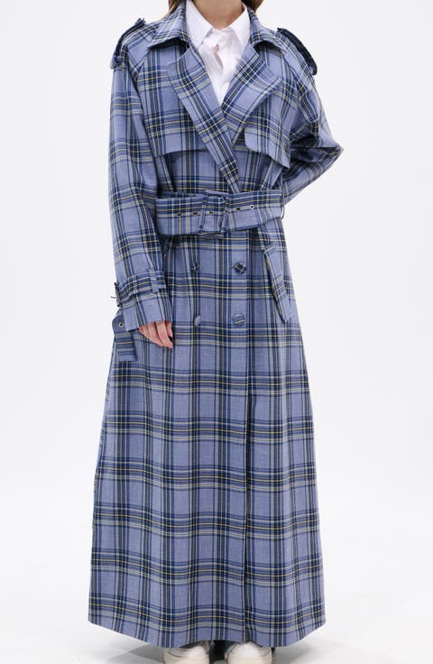 Long Plaid Trench Coat