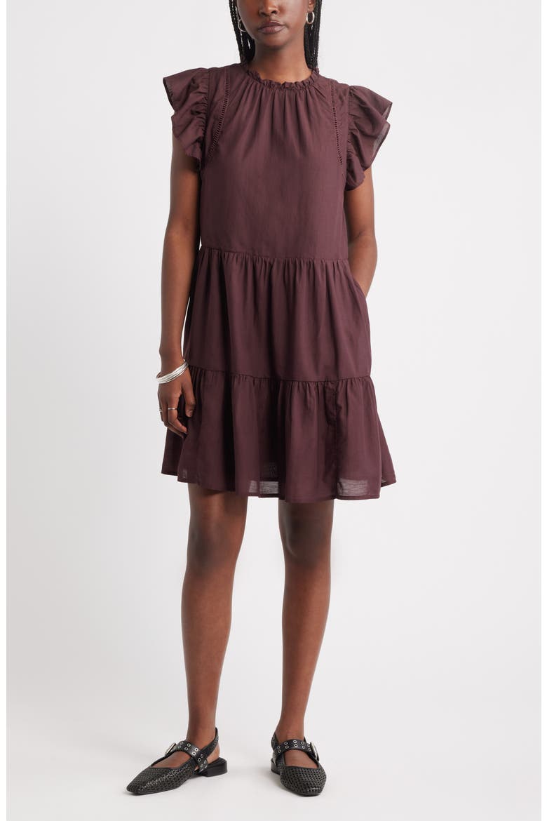 Tiered High Neck Shift Minidress, Main, color, BURGUNDY FUDGE