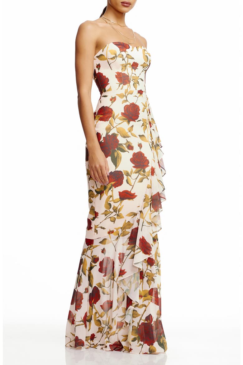 Paris Floral Ruffle Strapless Gown, Alternate, color, CREAM MULTI
