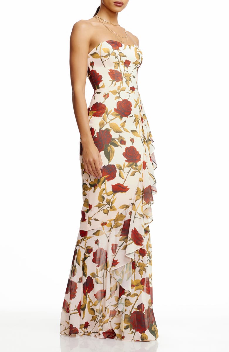 Dress the Population Paris Floral Ruffle Strapless Gown, Alternate, color, Cream Multi