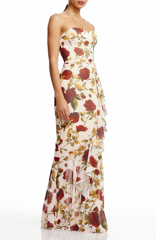 Dress The Population Paris Floral Ruffle Strapless Gown In Cream Multi