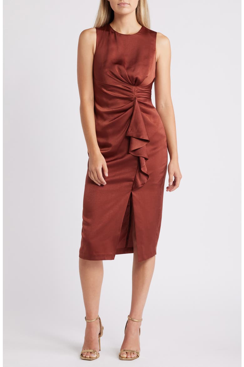 Ruffle Detail Sleeveless Satin Sheath Midi Dress, Main, color, BROWN