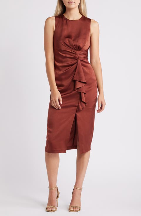 Ruffle Detail Sleeveless Satin Sheath Midi Dress