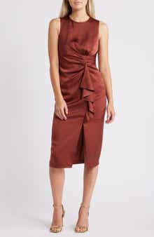 Ruffle Detail Sleeveless Satin Sheath Midi Dress
