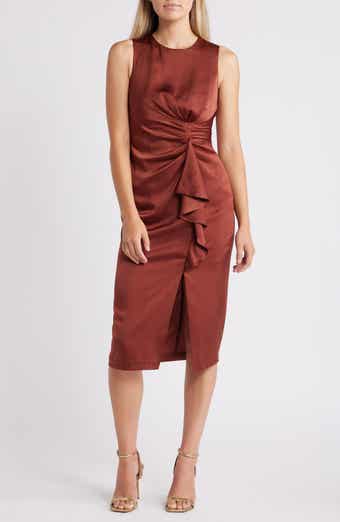 Ruffle Detail Sleeveless Satin Sheath Midi Dress