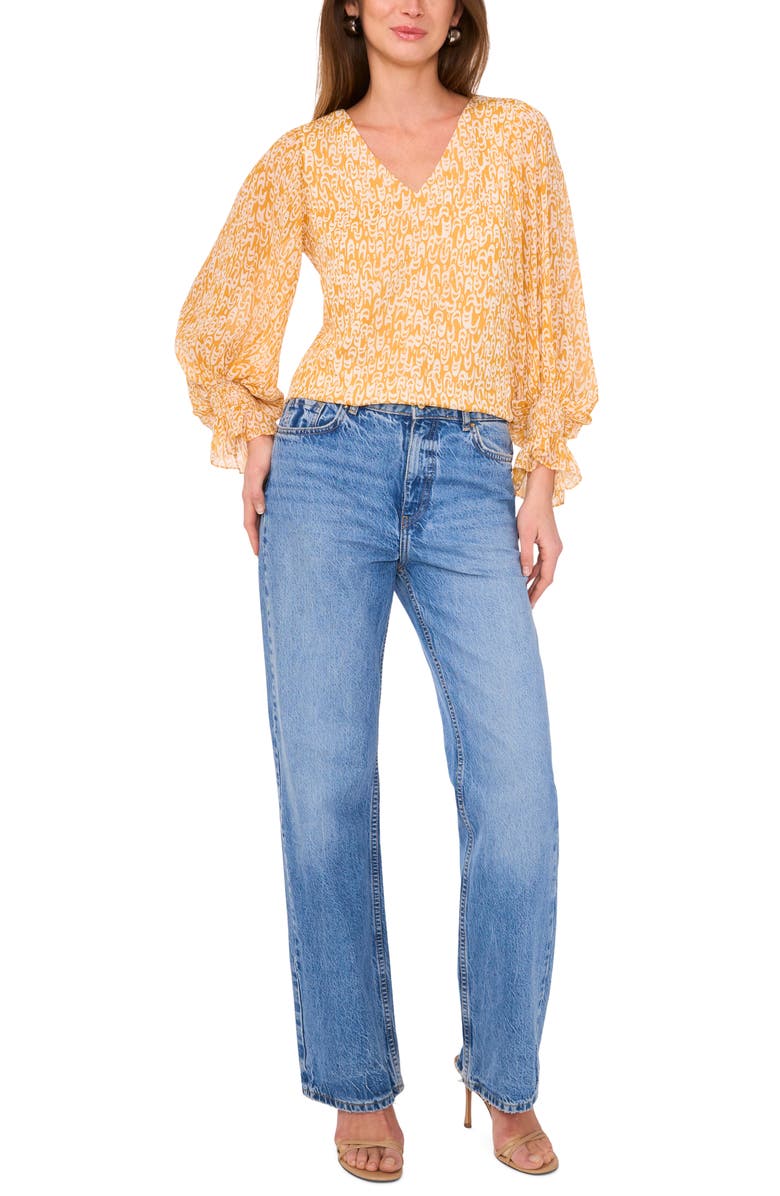 Vince Camuto Printed V-Neck Ruffle Cuff Top, Alternate, color, Golden Spice