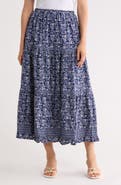 MAX STUDIO Floral Wreath Print Tiered Cotton Blend Maxi Skirt