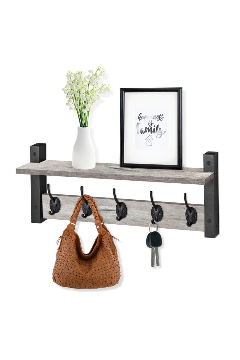 24-Inch Floating Wall Shelf with Hooks, Alternate, color, GRAY